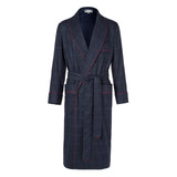 Navy blue windowpane check Fox Flannel wool dressing gown 