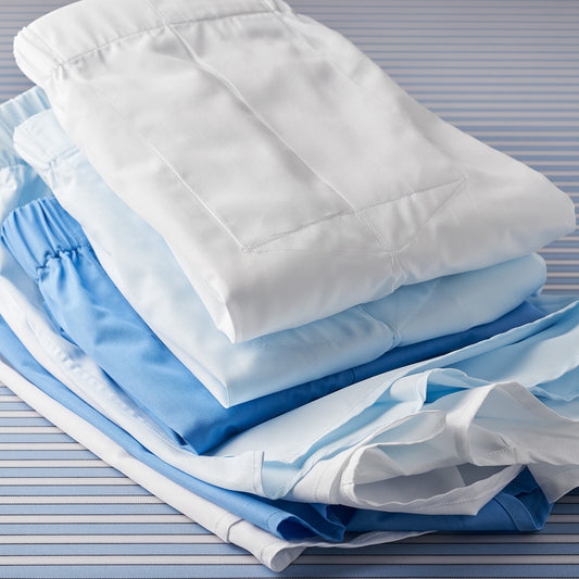 Stack of blue and white cotton boxer shorts