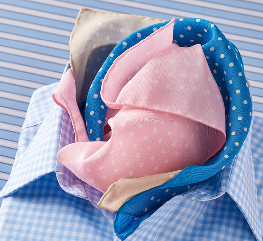 Medium Spot Silk & Linen Pocket Square in Blue and White