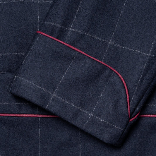 Burgundy piping detail on dressing gown cuff