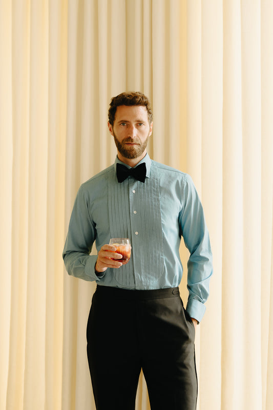 WM BRown x Budd washed blue denim pleated front dress evening shirt with cocktail cuff 