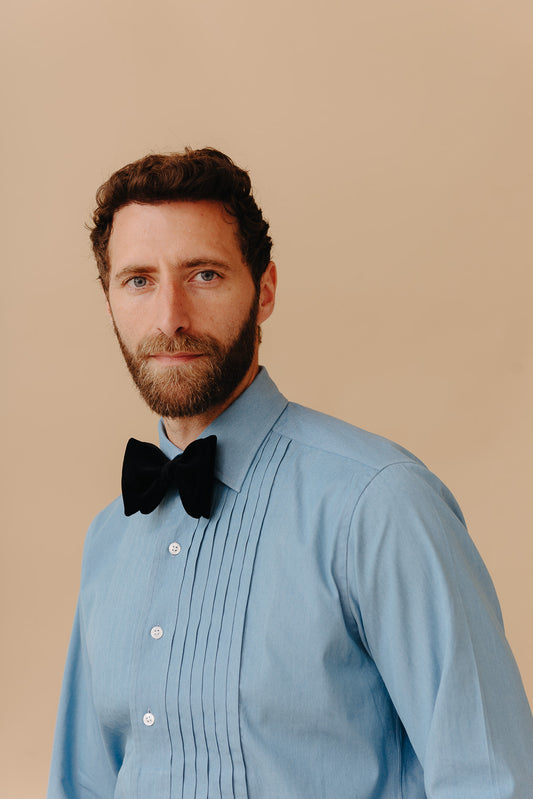 WM BRown x Budd washed blue denim pleated front dress evening shirt with cocktail cuff 