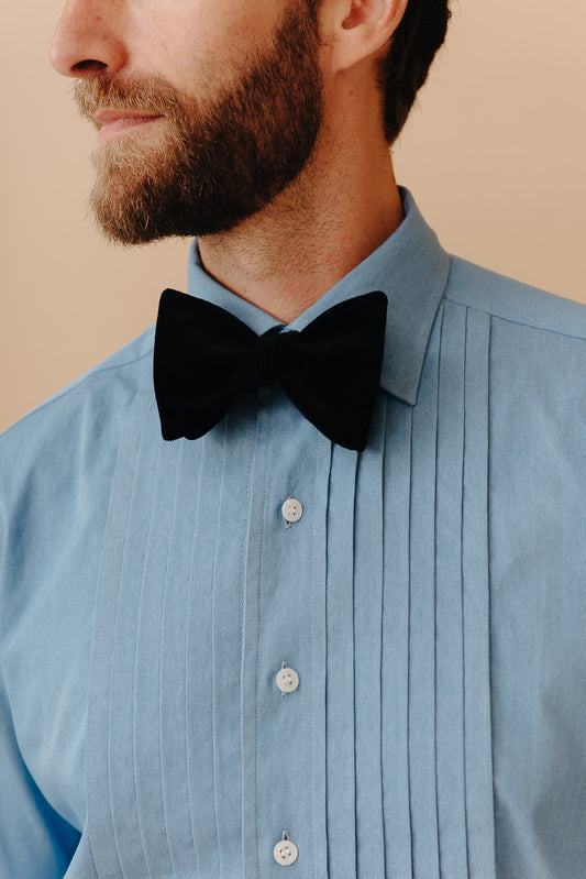 WM BRown x Budd washed blue denim pleated front dress evening shirt 