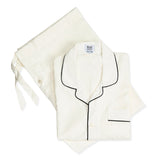 Men's cream spun silk pyjamas with navy piping 