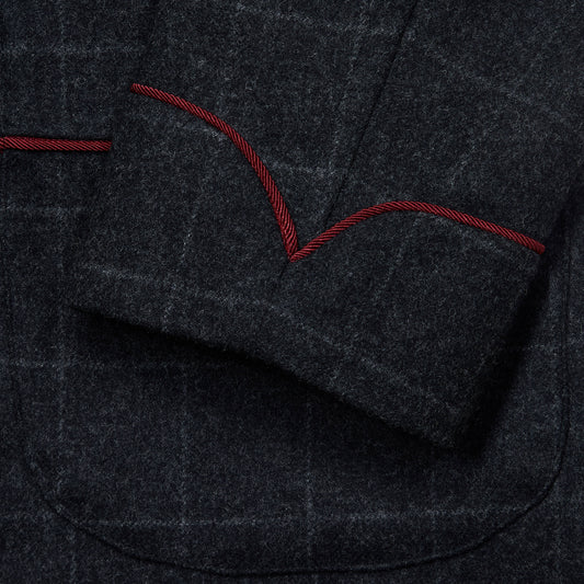 Windowpane Fox Flannel Wool Dressing Gown in Charcoal and Wine