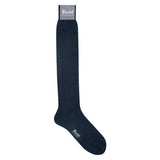 A pair of navy blue, knee-length cotton socks with the brand label 'Budd' visible at the top.