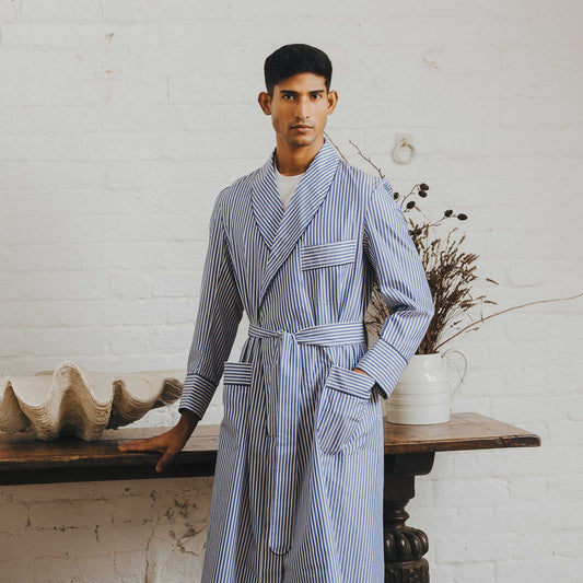 Exclusive Budd Stripe Cotton Dressing Gown in Edwardian Blue