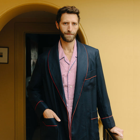 Plain Wool Dressing Gown in Navy and Red