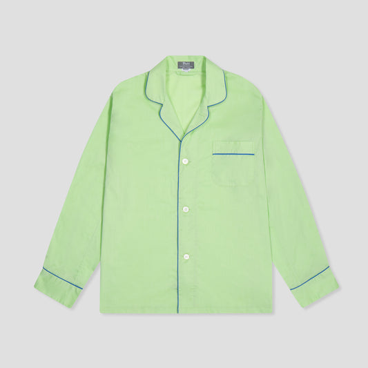 Light green pajama top with blue piping on a light gray background