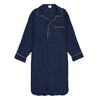 Navy blue nightgown with white piping on a white background