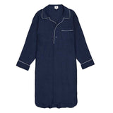 Navy blue nightgown with white piping on a white background