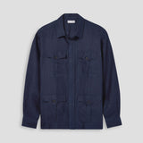 A dark navy blue long-sleeve utility shirt jacket with four buttoned flap pockets, displayed flat against a light gray background.