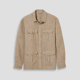 Beige shirt with button details on a light gray background