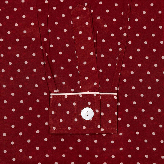 Cuff detail on women's crepe de chine silk pyjamas in ruby red