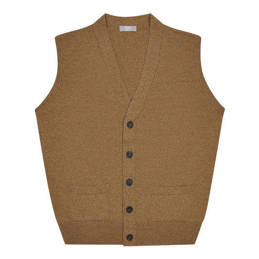 Wilton Scottish Cashmere Sleeveless Cardigan in Caramel Tan