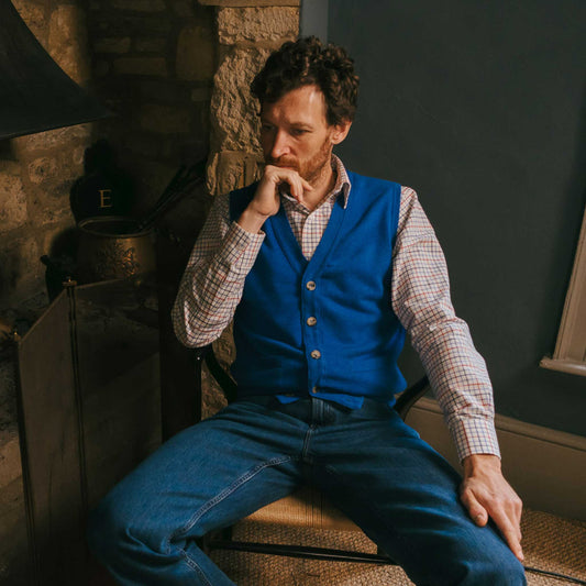 Wilton Scottish Cashmere Sleeveless Cardigan in Coast Blue