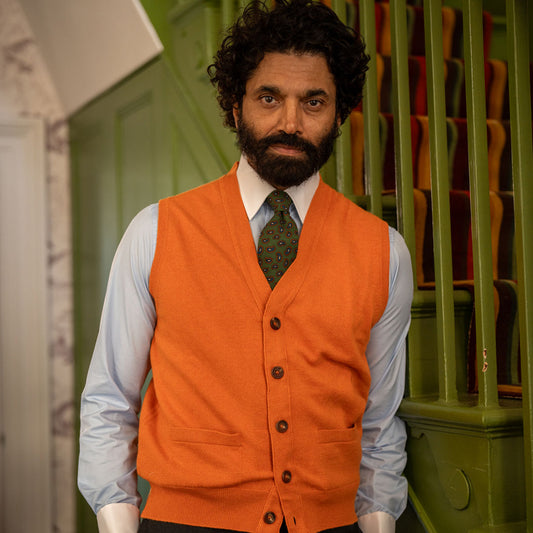 Wilton Scottish Cashmere Sleeveless Cardigan in Cointreau