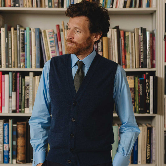 Wilton Scottish Cashmere Sleeveless Cardigan in Cosmos Blue