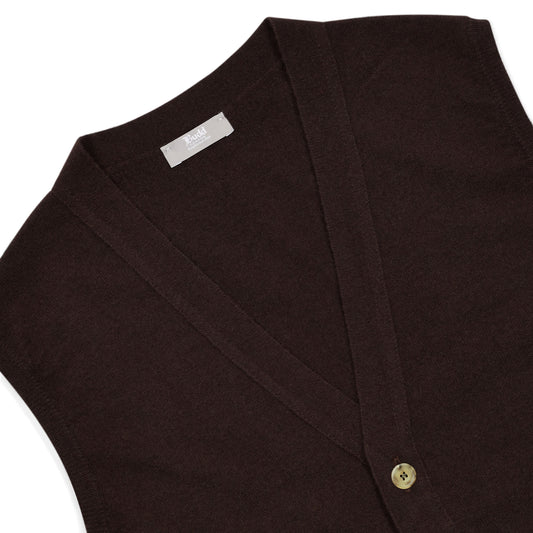 Detail of dark brown sleeveless cashmere cardigan