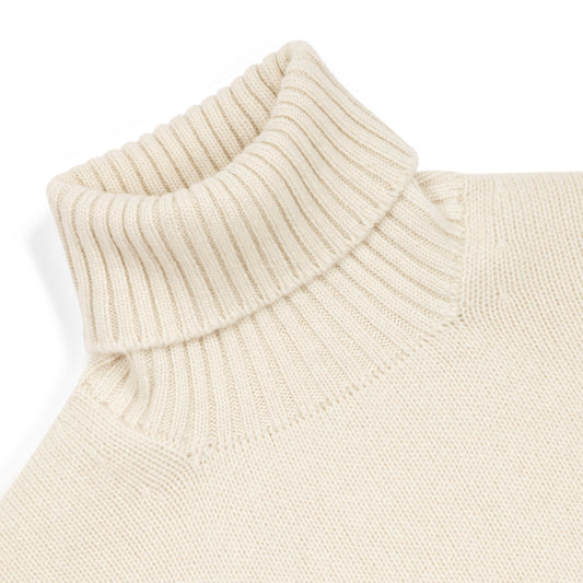 Roll neck detail on Cashmere Roll Neck Jumper in Undyed White