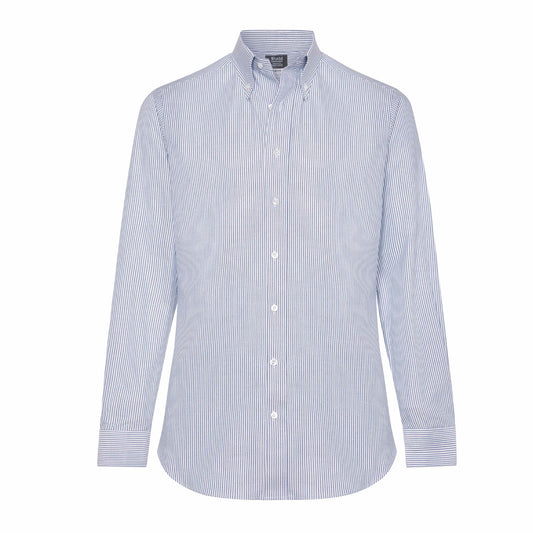 Tailored Fit Button Down Stripe Oxford Shirt in Navy Melange