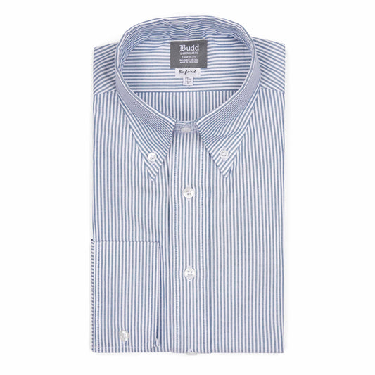 Tailored Fit Button Down Stripe Oxford Shirt in Navy Melange