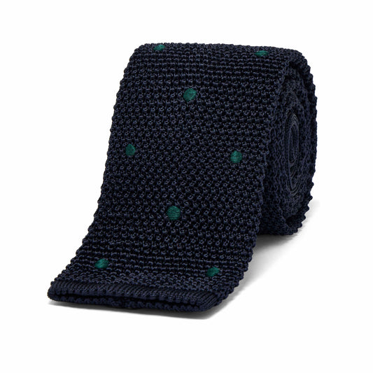 Silk Knitted Tie in Navy with Green Spot