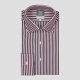 Tailored fit burgundy and white striped shirt with a classic Budd forward collar and double cuffs in satin twill.
