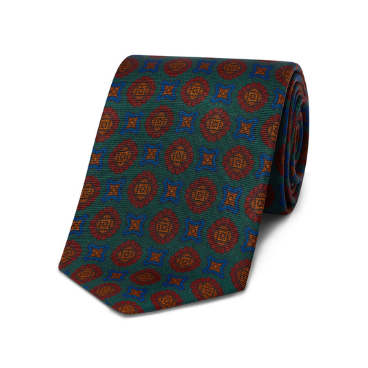 Green rosette detail authentic madder silk tie