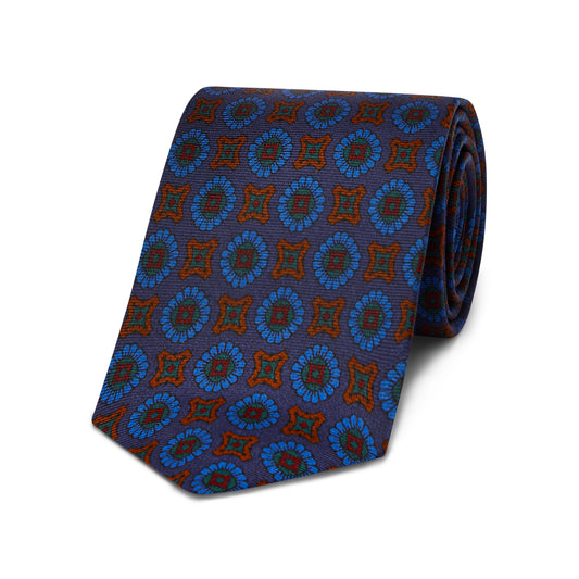 Blue authentic madder silk tie with red and blue decorative motif