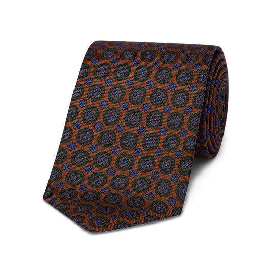Tobacco brown madder silk tie with rosette motif