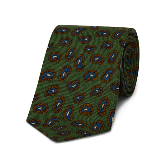 Wool Feather Motif Tie in Moss Green