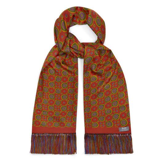 Abstract Medallion Hand Tassled Silk Scarf in Kenyan Red