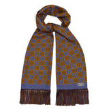 Silk medallion hand tasseled scarf in blue, red and godl