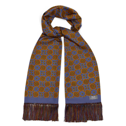 Abstract Medallion Hand Tassled Silk Scarf in Blue