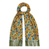 Yellow  and blue exotic floral silk scarf with hand tassels