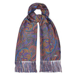 Blue, purple and gold silk paisley scarf with matching hand tassels