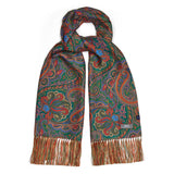Green paisley silk scarf with red, blue and gold details and hand tassels