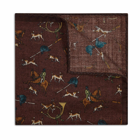 Vintage Hunting Design Wool Pocket Square in Burgundy