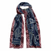 Navy large paisley design fine wool scarf in navy and wine