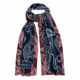 Navy large paisley design fine wool scarf in navy and wine