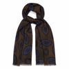 Brown fine wool scarf with large blue decorative motifs