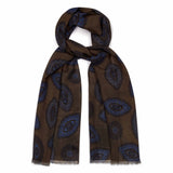 Brown fine wool scarf with large blue decorative motifs