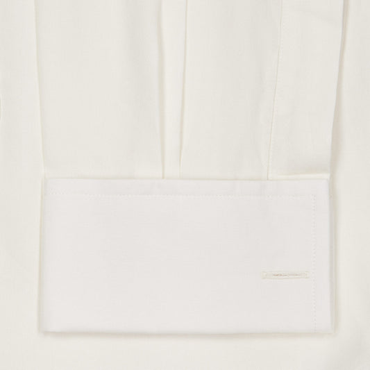 Double cuff detail of Bib and cuff detail of cream spun silk Kirby Allison x Budd  1/4 hand-pleated evening dress shirt 
