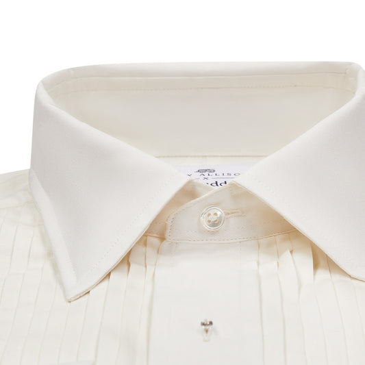 Collar detail of cream spun silk Kirby Allison x Budd  1/4 hand-pleated evening dress shirt 