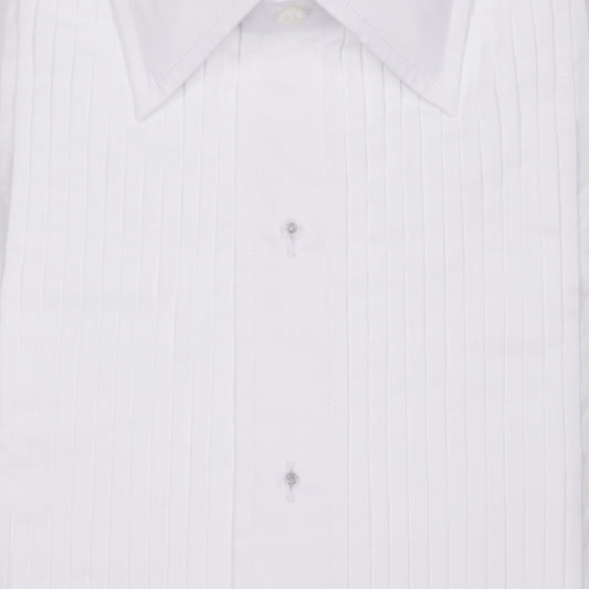 Bib detail on Kirby Allison x Budd White 1/4 pleat cotton poplin evening dress shirt 