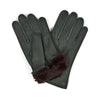 A pair of dark-green deerskin leather gloves with brown rabbit fur lining at the cuffs.