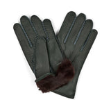 A pair of dark-green deerskin leather gloves with brown rabbit fur lining at the cuffs.