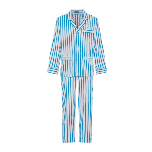 Men's tailored fit cotton poplin pyjamas in California blue and white stripe 
