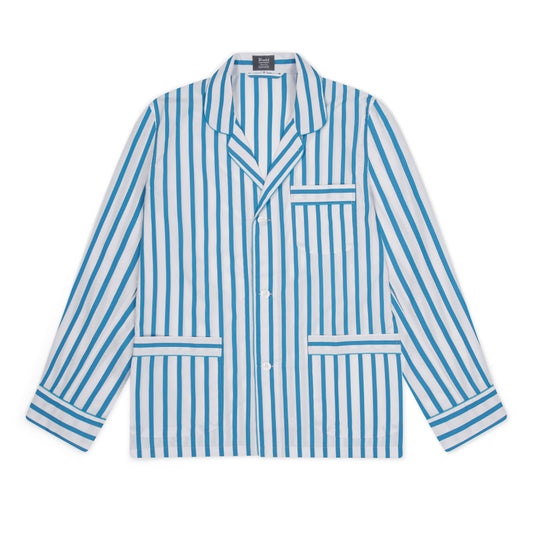 Men's tailored fit cotton poplin pyjamas in California blue and white stripe 
